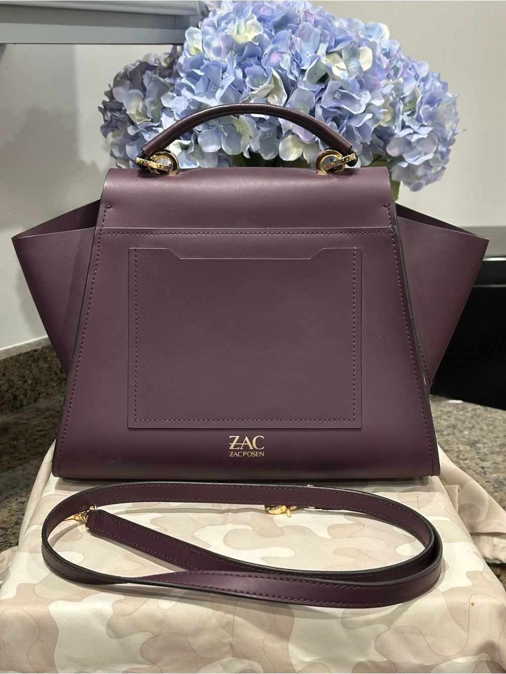 Zac Posen Plum Structured Top-Handle Satchel with Gold Hardware - Picture 2 of 12